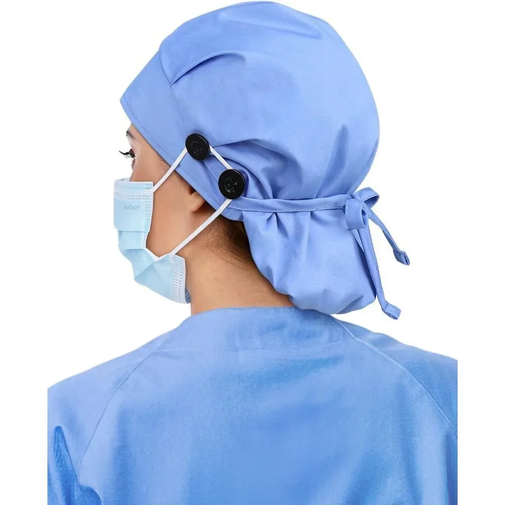 Satin Lined Scrub Cap Women Ponytail Cotton Surgical Nurse Cap 4 Buttons